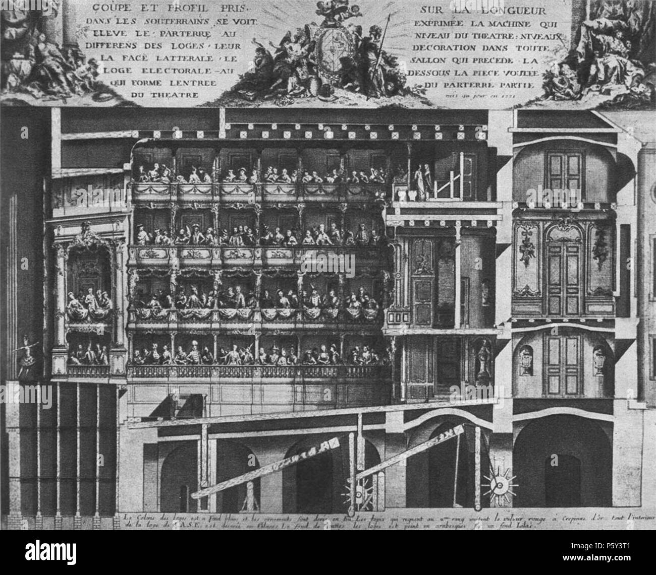 N/A. München, Schnittansicht des Königlichen Residenztheaters (Cuvilliés-Theater). Zu sehen sind die mechanischen Vorrichtungenm denen mit der Bühnenboden gehoben wurde. 1771. Sconosciuto 395 schnitt Cuvillies Foto Stock