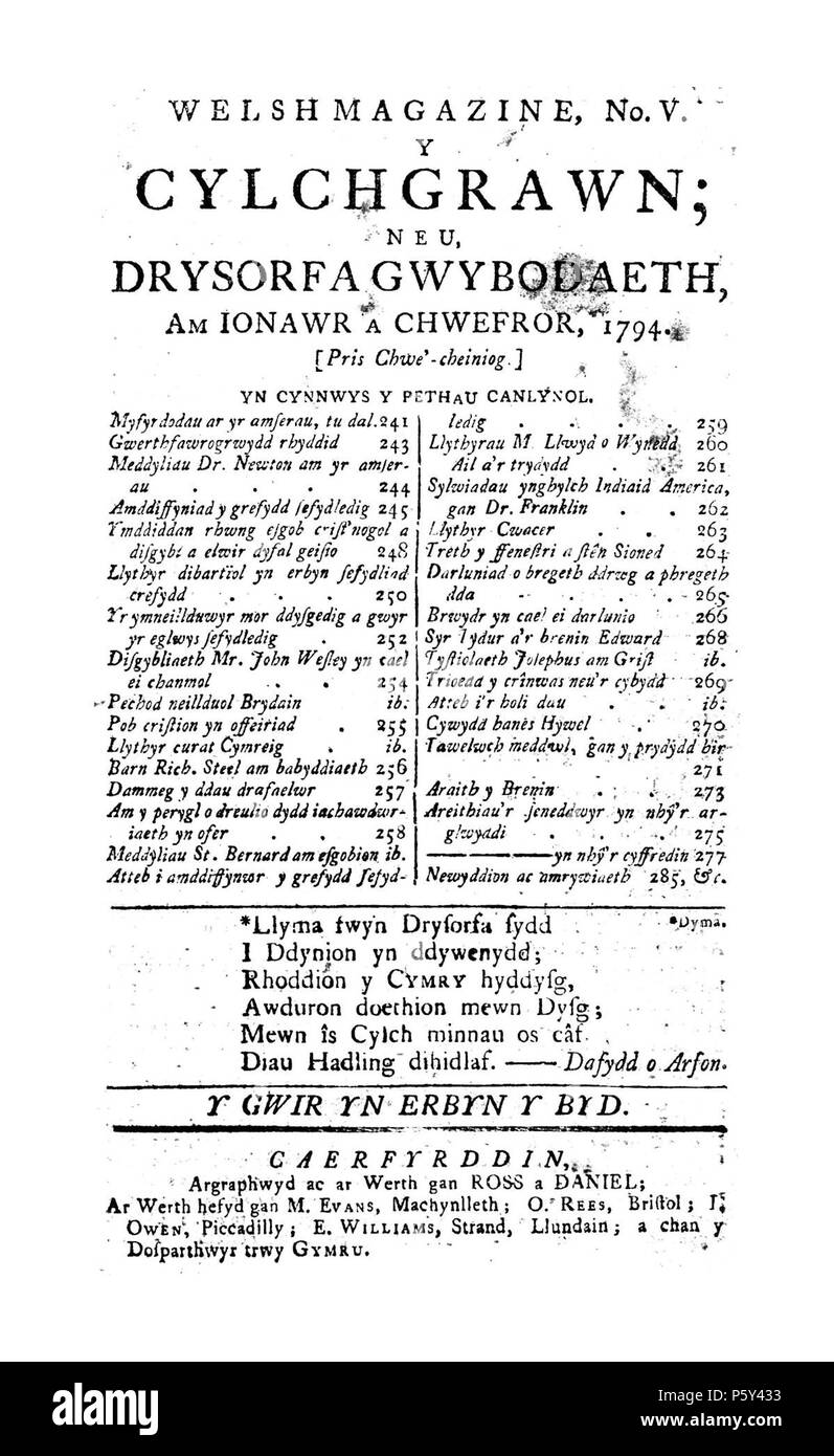 Cylch-grawn Cynmraeg. Inglese: una lingua gallese periodico generale che ha pubblicato articoli su religione, politica e storia a fianco di poesia, biografie e notizie. È anche notevole per gli articoli sulla schiavitù e la Rivoluzione Francese. Originariamente un trimestrale divenne una pubblicazione bimestrale in 1794. Il periodico è stato curato dal ministro e autore, Morgan John Rhys (Morgan ab Ioan Rhus, 1760-1804) con il Poeta e uomo di lettere, David Thomas (Dafydd Eryri Ddu, 1759-1822), uno dei principali contributori. Associati titoli: Y Cylchgrawn (1793). Cymraeg: Cylchgrawn cyffredinol, Cymraeg ei iaith, un dispositivo elettroluminescente organico Foto Stock