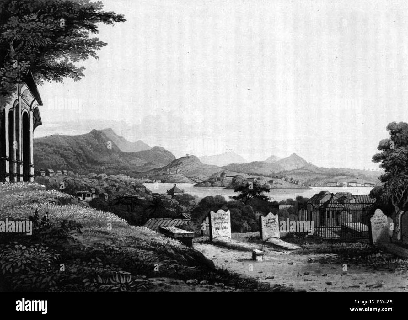 N/A. L'inglese sepoltura, Praya de Gamboa, Rio de Janeiro, redatti da Maria Graham (Maria Callcott) nel 1823, una delle varie illustrazioni nel suo libro ufficiale di un viaggio in Brasile e la residenza vi, durante parte degli anni 1821, 1822, 1823. 1824. Maria Graham (Maria Callcott), pubblicato da Longman, Hurst, Rees, Orme, marrone e verde. 516 EnglishBurialGround Foto Stock