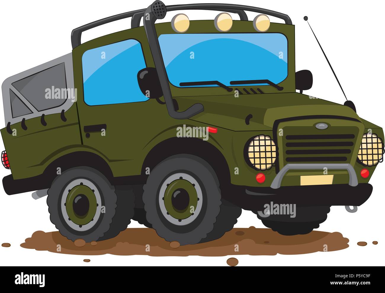Un vettore cartoon che rappresenta un divertente militare verde offroad custom auto parcheggiate nel fango Illustrazione Vettoriale