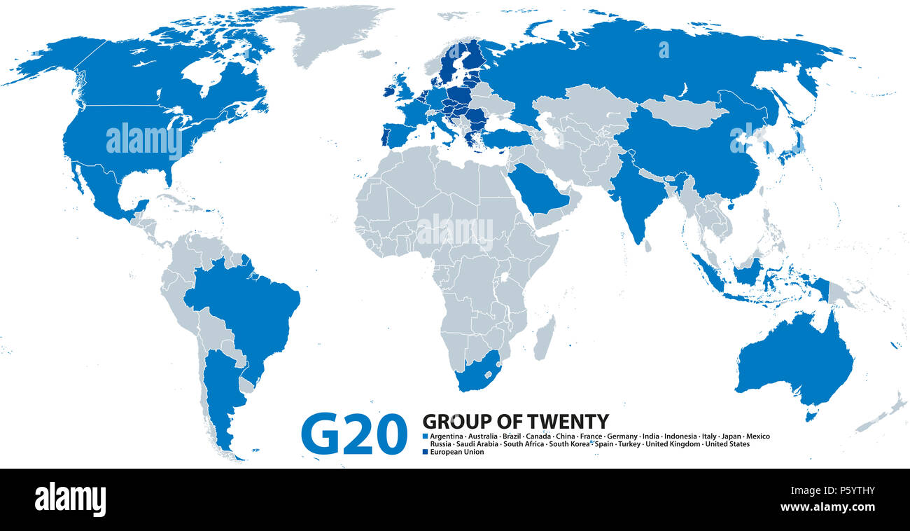 G20, gruppo di venti, infografico mappa e. Forum per discutere della promozione della stabilità finanziaria internazionale. Venti i singoli paesi e l'UE. Foto Stock