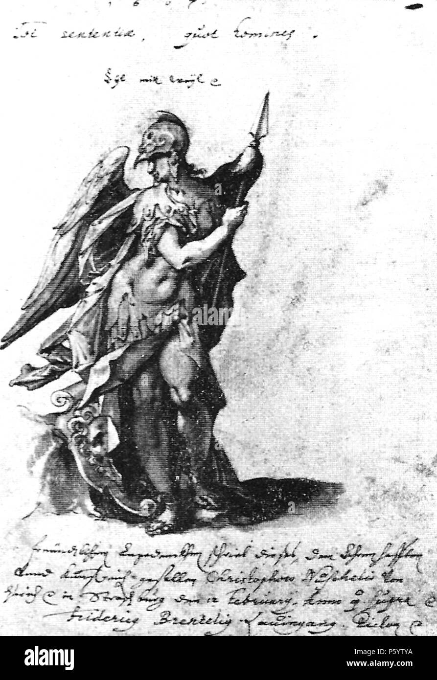 N/A. Deutsch: Minerva (Stammbuchblatt, Federzeichnung laviert) . Il 12 febbraio 1607. Friedrich Brentel (1580-1651) Descrizione pittore tedesco, disegnatore e incisore, Data di nascita e morte 9 Luglio 1580 17 Maggio 1651 Luogo di nascita e morte Lauingen Straßburg periodo di lavoro 1596-1651 posizione di lavoro autorità Straßburg controllo : Q5503769 VIAF:69202924 ISNI:0000 0000 6663 8059 ULAN:500003074 LCCN:N97864884 GND:130498300 WorldCat 542 F Brentel - Minerva (Stammbuchblatt) FedZeichn.lav. 12.2.1607 (UzFBi79) Foto Stock