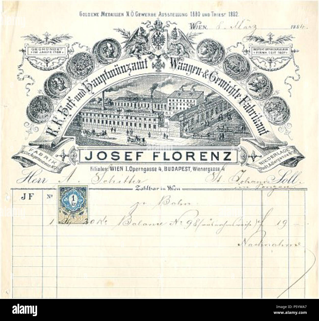 N/A. Deutsch: Faktura des Unternehmens Josef Florenz . 1884. Sconosciuto 546 Faktura J-Florenz 1884 Foto Stock