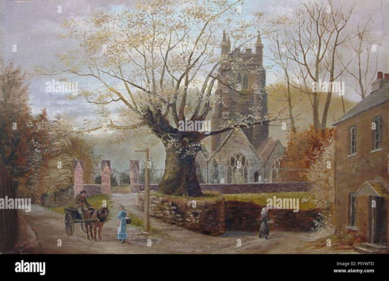 N/A. 'Fatal Oak", pittura di olio circa 1900 da 'S.G.M." raffigurante la Quercia Copleston dalla chiesa di Santa Maria, Tamerton Foliot, Devon . circa 1900. 'S.G.M." (identità sconosciuta) 549 FatalOak BySGM circa1900 Foto Stock