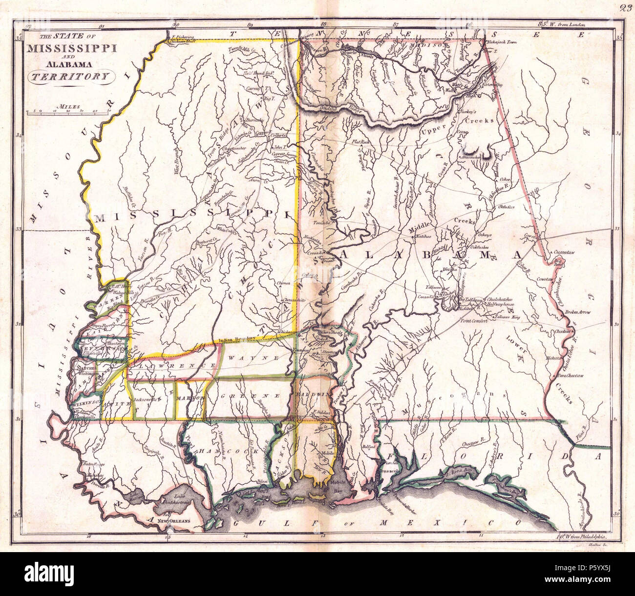 N/A. "Lo stato del Mississippi e Alabama territorio'. Mostra primi contee del Mississippi e Alabama . 1817. Francesco Shallus; Puiblisher: M. Carey e figlio, Philadelphia 28 1817 Mappa del Mississippi e Alabama Foto Stock