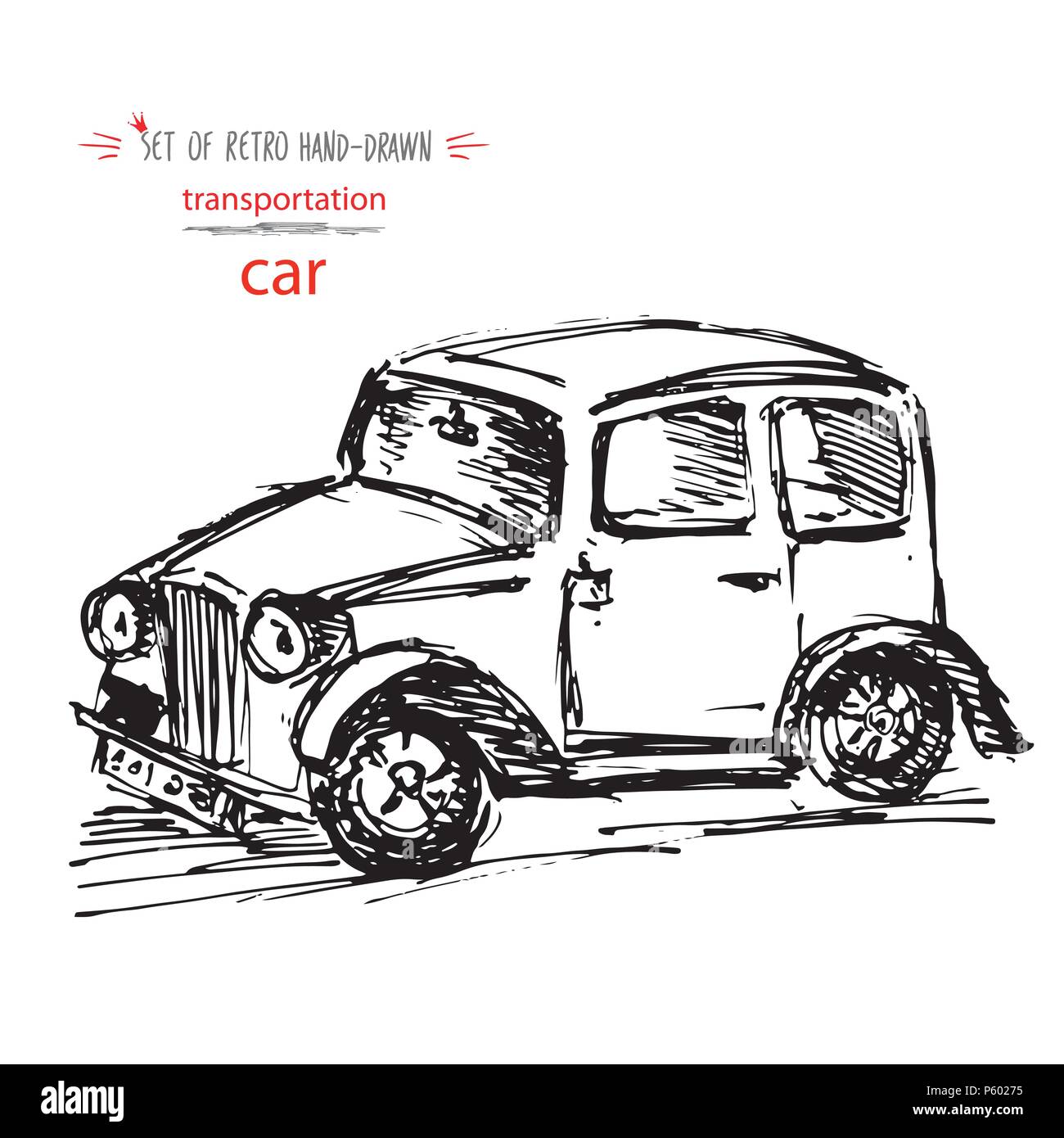 Disegnate a mano trasporto vintage auto. Un rapido schizzo di inchiostro. Vettore illustrazione neri isolati su sfondo bianco Illustrazione Vettoriale