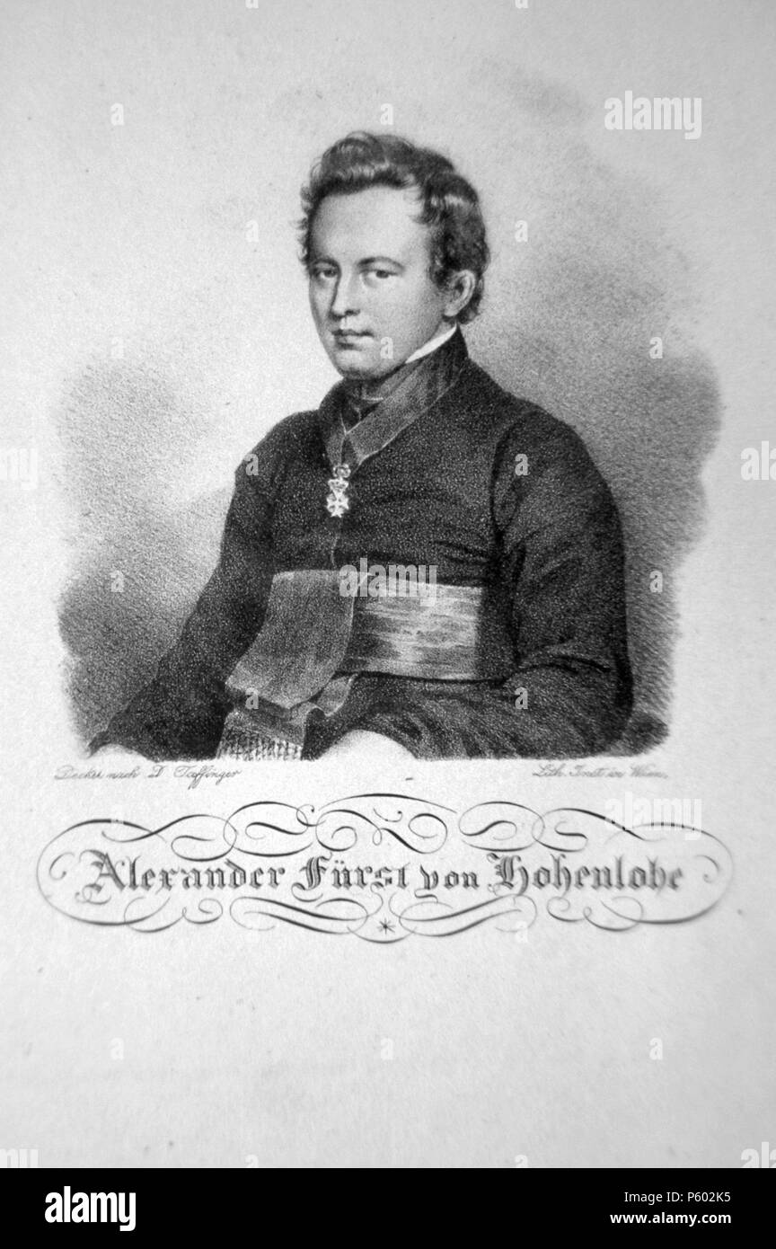 N/A. Inglese: il principe Leopold Alexander Franz Emmerich zu Hohenlohe-Waldenburg-Schilingsfürst (1794-1849), Sacerdote, miracolo-operaio, vescovo litografia da Johann Stephan Decker, circa 1825 Deutsch: Prinz Leopold Alexander Franz Emmerich zu Hohenlohe-Waldenburg-Schilingsfürst (1794-1849), Prieser, Wunderheiler, Bischof Lithographie von Johann Stephan Decker, um 1825 . circa 1825. Johann Stephan Decker (+ vor 1900); Foto Pietro GEymayer 81 Alexander Hohenlohe Litho Foto Stock