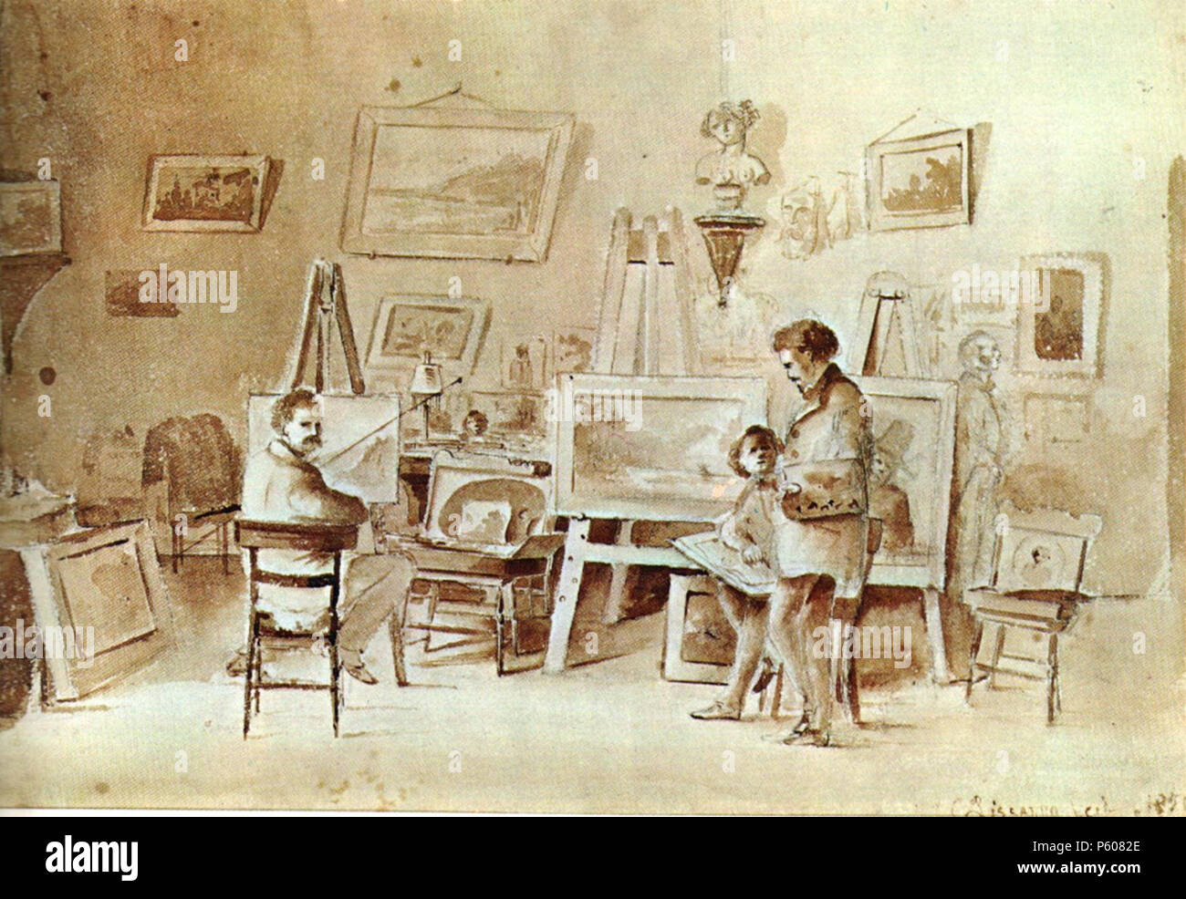 . Español: Camille Pissarro: Estudio del Artista en San Tommaso (Melby aparece de pie a la derecha: al lado suyo, sentado esta el joven Pisarro. Sepia y lápiz (1851) Colección Banco Central de Venezuela Comprada en Hammer Galleries de New York en junio de 1965. Deutsch: Camille Pissarro: Fritz Melby und Pissarro in dem gemeinsamen Atelier in Carracas, ca. 1854 . 1854. N/A 532 Estudio del Artista en San Tommaso Camille Pissarro Foto Stock