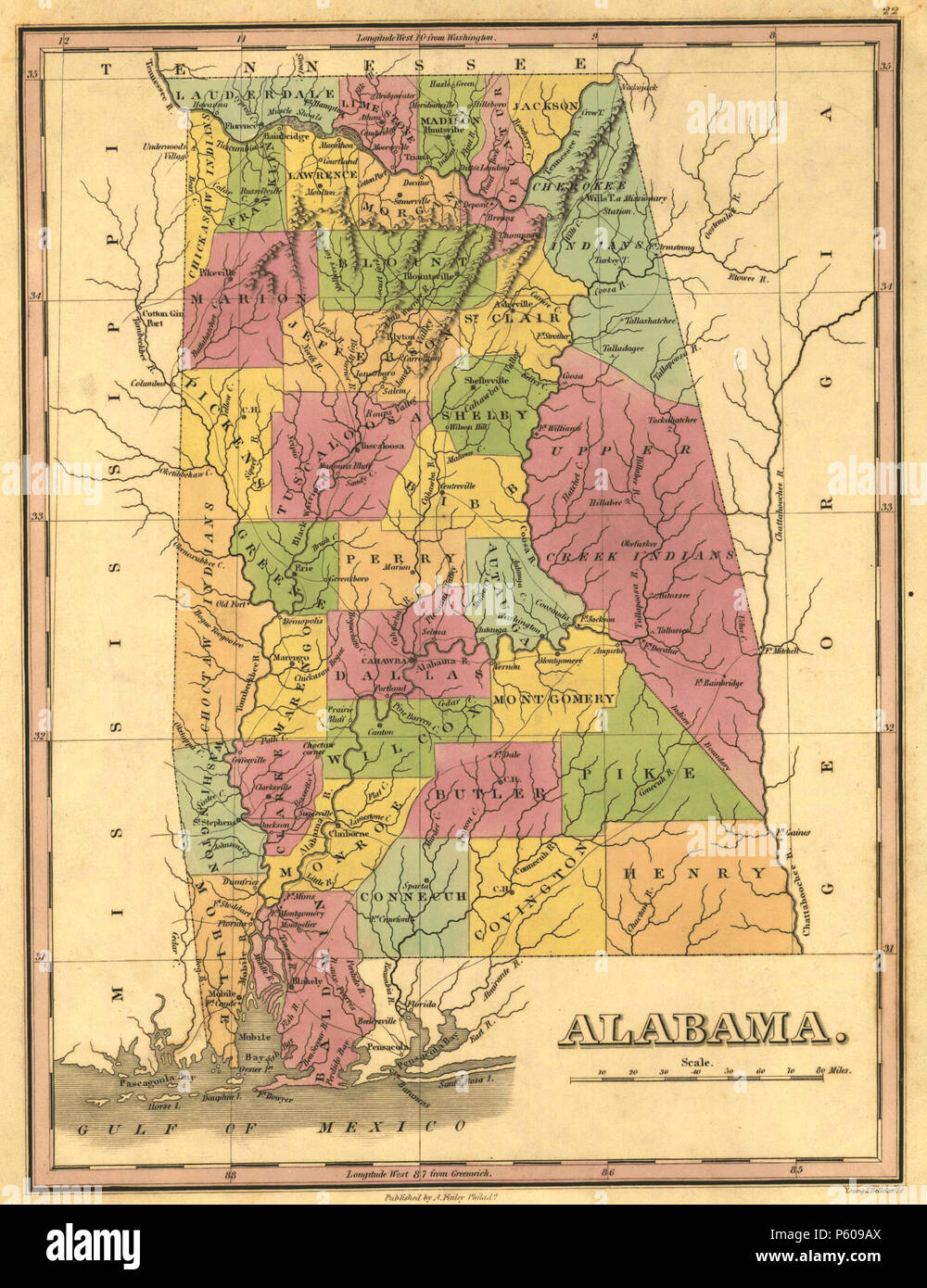 N/A. "Alabama', mostra dei confini della contea e territori di origine . 1823. Anthony Finley (1790-1840) Descrizione American cartografo Data di nascita e morte 1790 1840 competente controllo : Q18507773 VIAF:90036350 ISNI:0000 0000 9925 5425 LCCN:N50005182 GND:138504873 WorldCat 28 1823 Mappa di Alabama contee Foto Stock