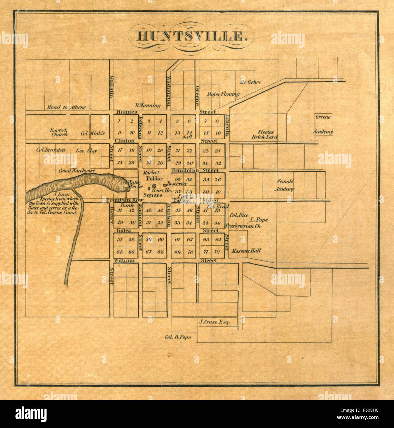 N/A. Estratto da "una mappa accurata dello stato dell'Alabama e West Florida', che mostra la città di Huntsville . 1837. John LaTourrette; Editore: Colton & Co., New York 28 1840 Mappa di Huntsville, Alabama Foto Stock