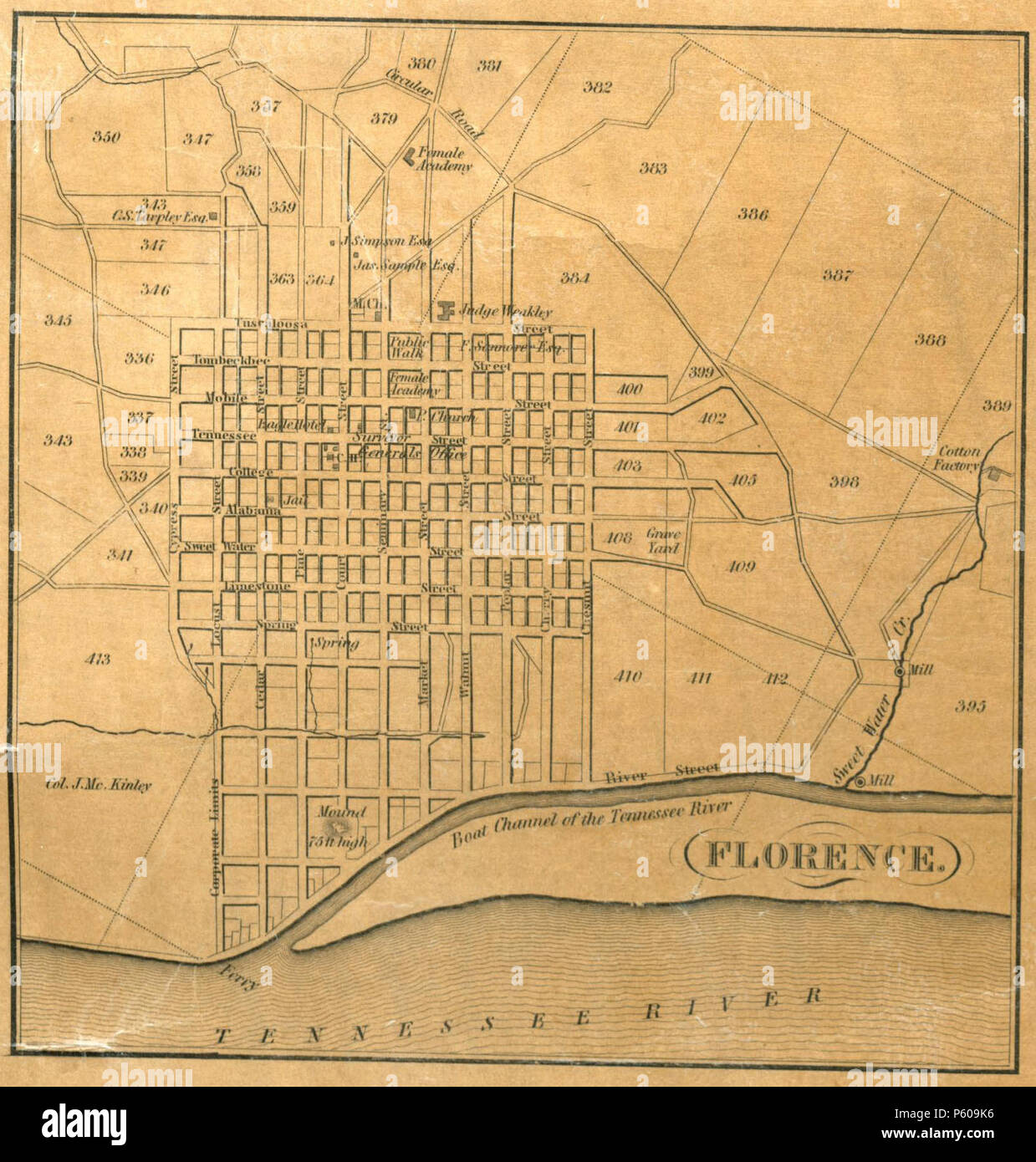 N/A. Estratto da "una mappa accurata dello stato dell'Alabama e West Florida', che mostra la città di Firenze . 1837. John LaTourrette; Editore: Colton & Co., New York 28 1840 Mappa di Firenze, Alabama Foto Stock