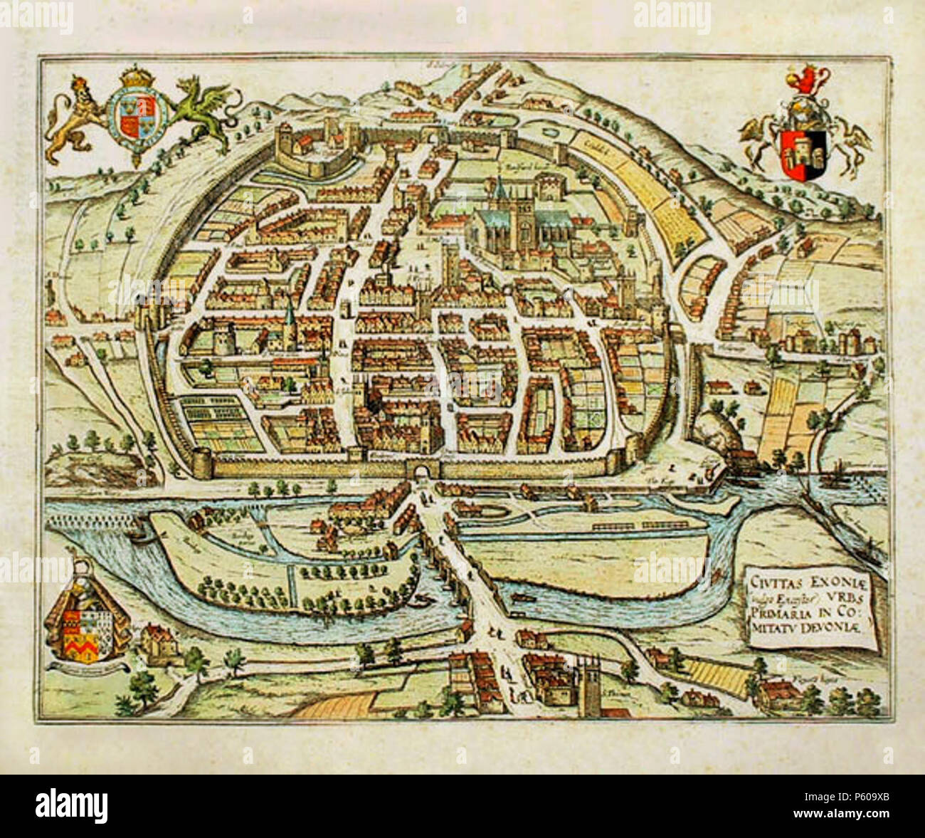 N/A. Un disegno di Exeter intitolato Civitas Exoniae (vulgo Excester) urbs primaria in comitatu Devoniae in "Civitates orbis terrarum", Volume VI, 1617. Il lavoro di 6 volumi contiene 546 prospettive, bird-eye viste mappa e vedute di città di tutto il mondo, edito da Georg Braun (1541-1622), un chierico di Colonia e in gran parte incisa da Franz Hogenberg, pubblicato a Colonia, 1572-1617, primo volume pubblicato a Colonia nel 1572, il sesto e il volume finale è apparso nel 1617.[1] Questa mappa di Exeter ri-pubblicati in Lysons, Daniel & Lysons, Samuele, Magna Britannia, Vol.6, Devonshire, London, 1822, p Foto Stock
