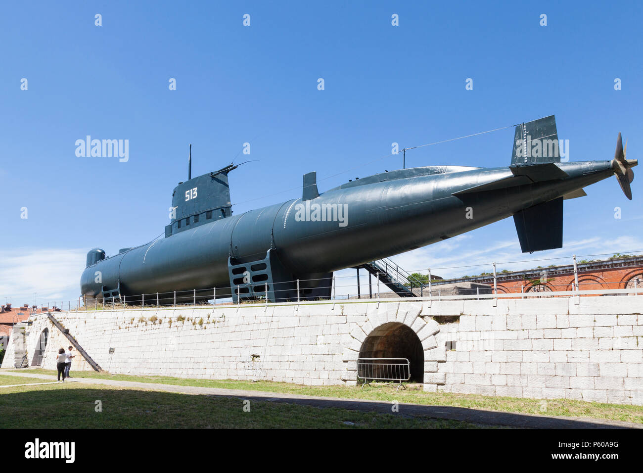 Storica Enrico Dandolo (S 513) sottomarino, Arsenale, Castello, Venezia, Veneto, Italia. Ultimo veneziano sottomarino navale costruito 1969 decommisioned 1999 Foto Stock