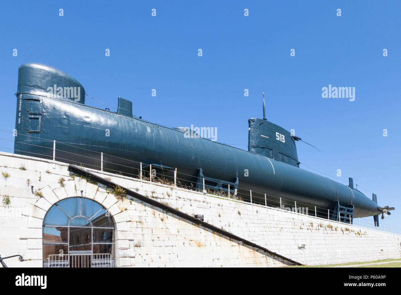 Storica Enrico Dandolo (S 513) sottomarino, Arsenale, Castello, Venezia, Veneto, Italia. Ultimo veneziano sottomarino navale costruito 1969 decommisioned 1999 Foto Stock