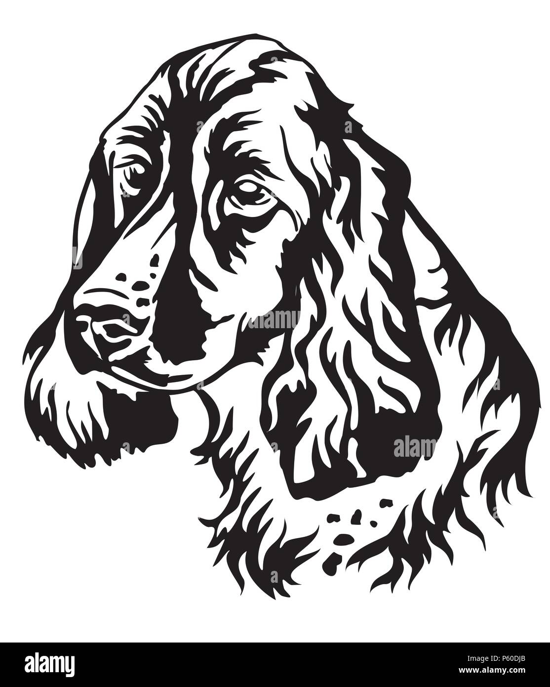 Ritratto decorativo di cane russo Spaniel, vettore isolato illustrazione in colore nero su sfondo bianco. Immagine per design e tatuaggio. Illustrazione Vettoriale