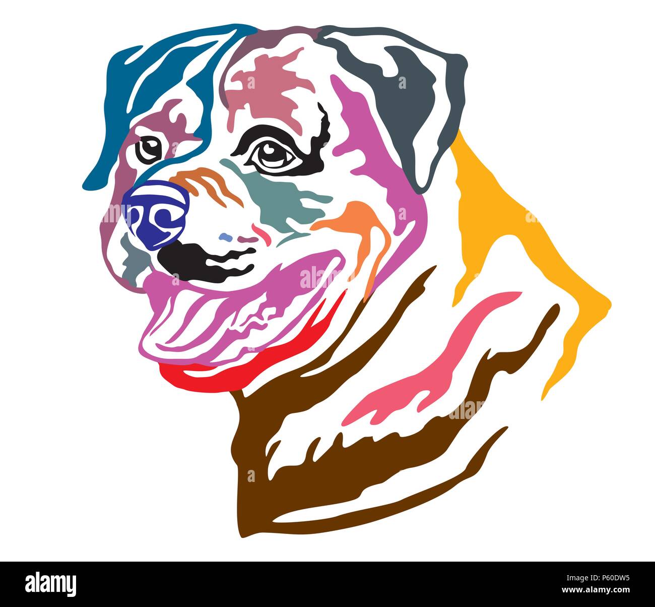 Decorativo colorato ritratto di cane Rottweiler, illustrazione vettoriale in colori diversi isolati su sfondo bianco. Immagine per design e tatuaggio. Illustrazione Vettoriale