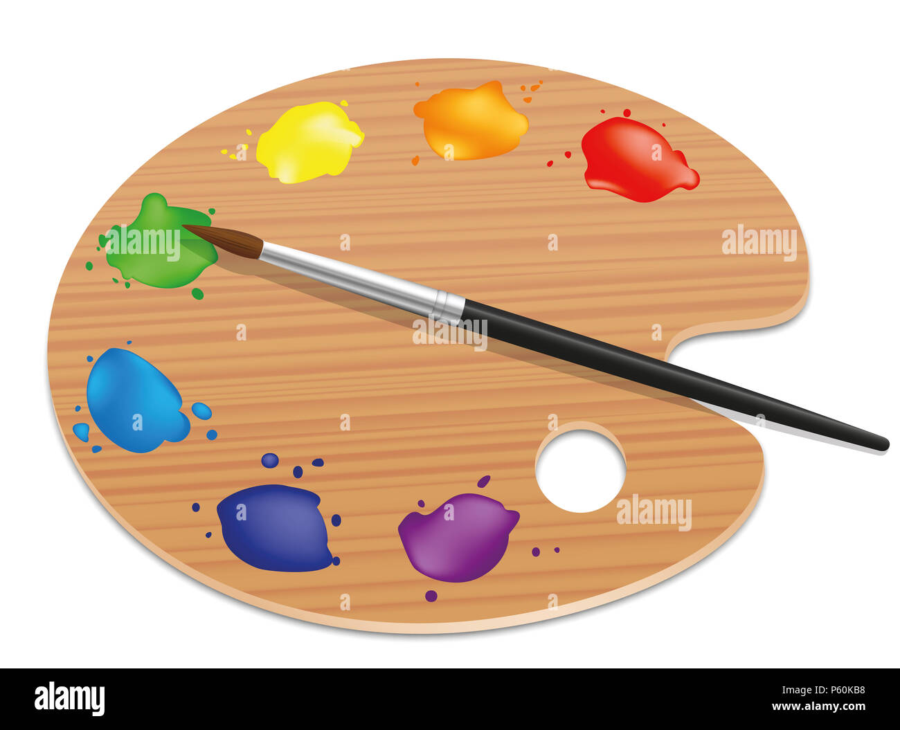 Tavolozza degli artisti. Verniciatura pannello di legno con colori diversi e un pennello - illustrazione su sfondo bianco. Foto Stock