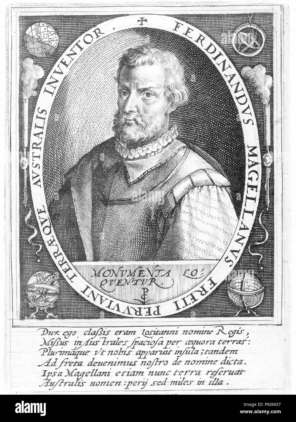 N/A. Inglese: Ferdinando Magellano, incisione da 'effigi regum ac principum", da Crispijn van de passe il sambuco. 5 x 7 in bianco e nero negativo dell'incisione. Datata 1598. La cortesia di Beinecke Libri Rari e Manoscritti biblioteca, Yale University, New Haven. Connecticut. Il 3 giugno 2011. Crispijn van de passe 553 Ferdinand Magellan da Crispijn van de passe 1598 Foto Stock