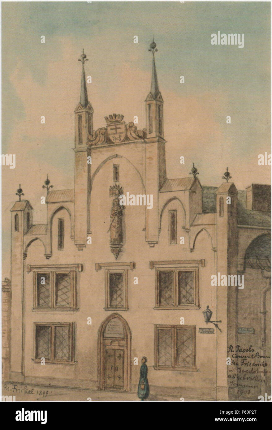 N/A. Deutsch: Jakob(u)shospital (auch "Jakobskonvent"; erbaut Ende des 17. Jahrhunderts, 1867 Umbau durch Paul Richard Thomann, 1903 abgebrochen), Ecke Friedrichstraße/Kesselgasse (Richtung Friedensplatz; damals Ecke Friedrichstraße/Jacobstraße), Bonn. Aquarellzeichnung. 1899. Mathias Frickel (1833-1911) Descrizione pittore Data di nascita e morte 9 Maggio 1833 16 marzo 1911 Luogo di nascita e morte Bonn Bonn periodo di lavoro ca. 1850-1910 sede di lavoro autorità di Bonn controllo : Q19959494 VIAF: 52865835 ISNI: 0000 0001 2211 105X LCCN: n2011050989 GND: 133038440 WorldCat 221 Jakobshospital Bonn Foto Stock