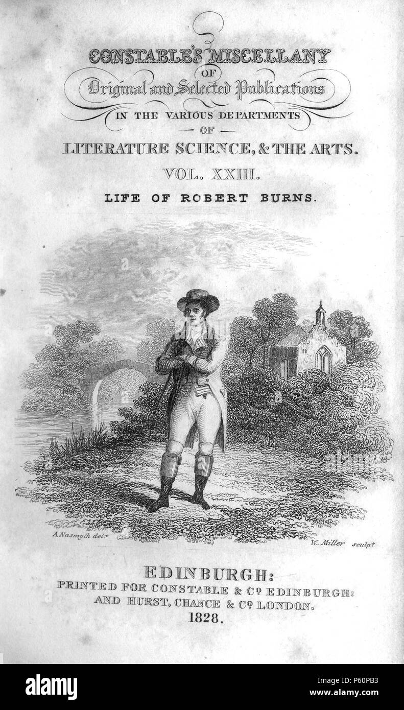N/A. Robert Burns, inciso da William Miller dopo un Nasmyth da 'Constable's miscellanea di originale e pubblicazioni selezionate nei vari dipartimenti di Letteratura, le scienze e le arti: Volume XXIII Vita di Burns' (Edinburgh stampate per Archibald Constable & Co, e Hurst, Robinson & Co, Londra 1828) . 1828. William Miller (1796-1882) nomi alternativi William Frederick I Miller; William Frederick, ho Miller Descrizione incisore scozzese Data di nascita e morte 28 Maggio 1796 20 gennaio 1882 Luogo di nascita e morte Edimburgo Sheffield competente controllo : Q2580014 VIAF:75215312 è Foto Stock