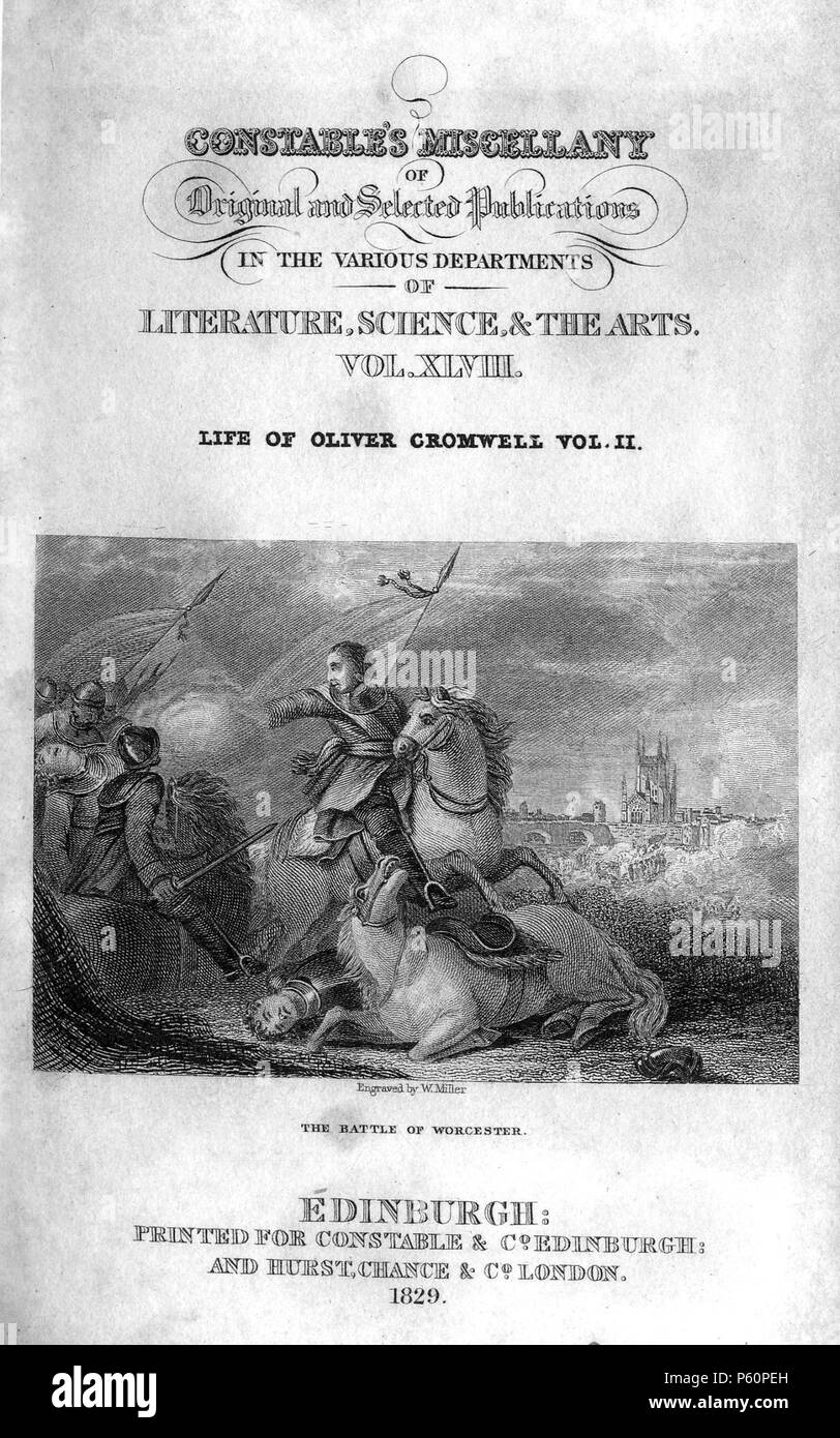 N/A. La battaglia di Worcester, inciso da William Miller da 'Constable's miscellanea di originale e pubblicazioni selezionate nei vari dipartimenti di Letteratura, le scienze e le arti: Volume XLVIII Vita di Oliver Cromwell Vol II' (Edinburgh stampate per Archibald Constable & Co, e Hurst, Chance & Co, Londra 1829) . 1829. William Miller (1796-1882) nomi alternativi William Frederick I Miller; William Frederick, ho Miller Descrizione incisore scozzese Data di nascita e morte 28 Maggio 1796 20 gennaio 1882 Luogo di nascita e morte Edimburgo Sheffield competente controllo : Q VIAF2580014: Foto Stock