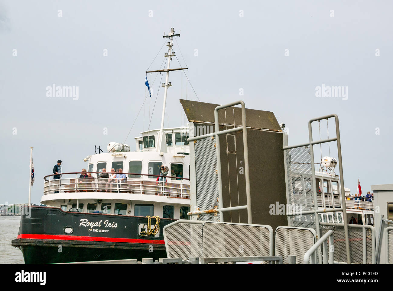 Mersey ferry, Royal iris, avvicinando dockside, Pier Head, Liverpool, England, Regno Unito Foto Stock