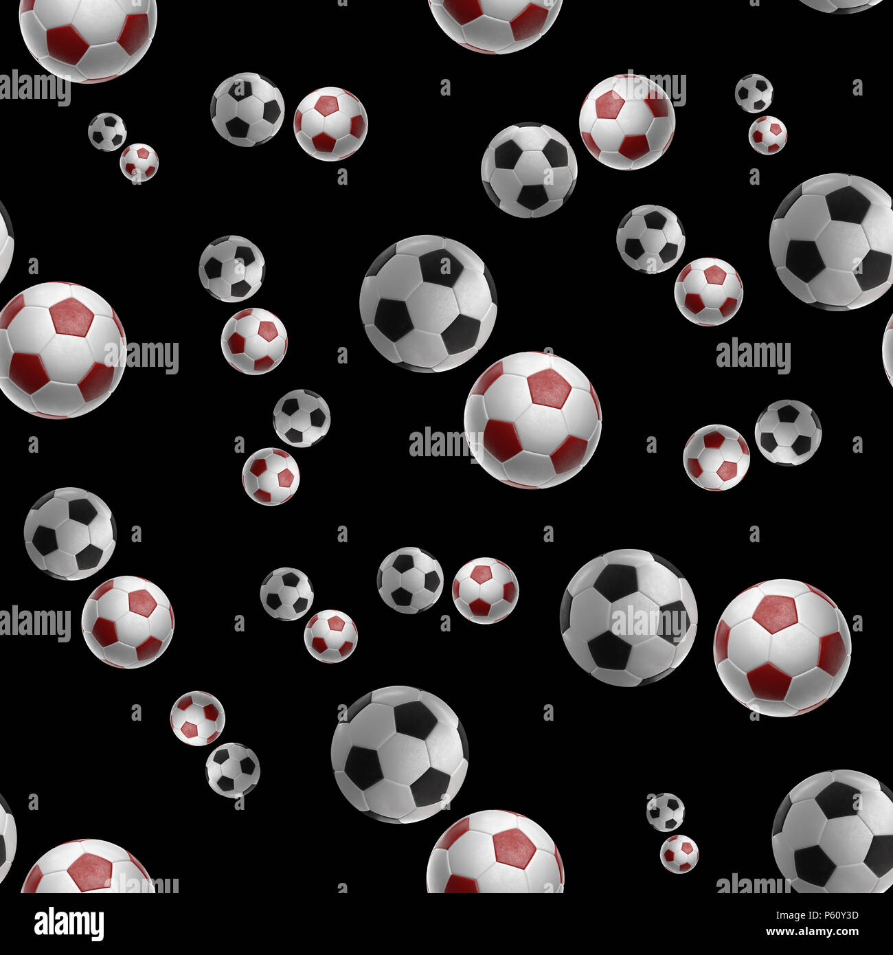 Red calcio-sfere isolati su sfondo nero seamless pattern 3d'illustrazione. Foto Stock
