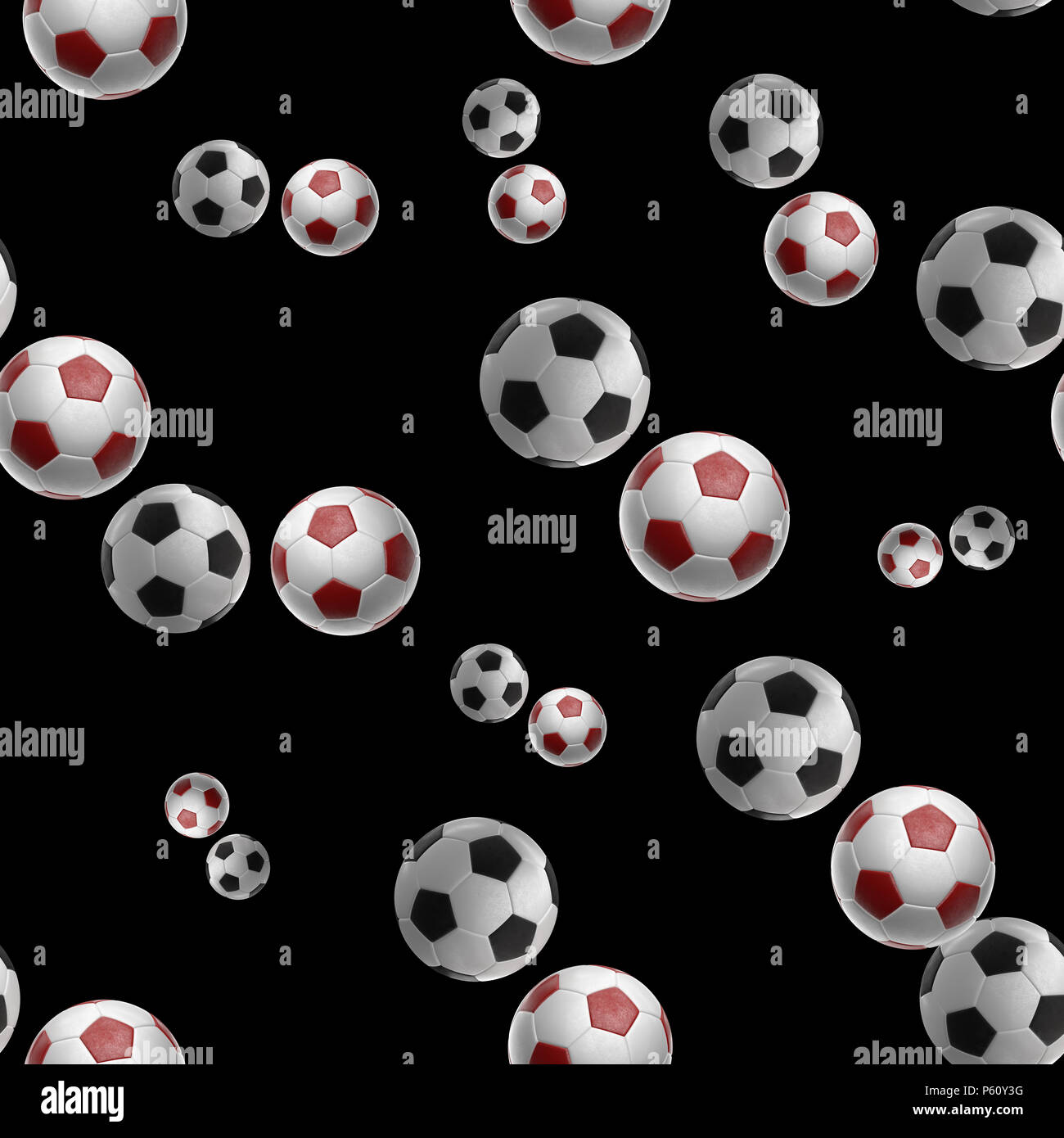 Red calcio-sfere isolati su sfondo nero seamless pattern 3d'illustrazione. Foto Stock