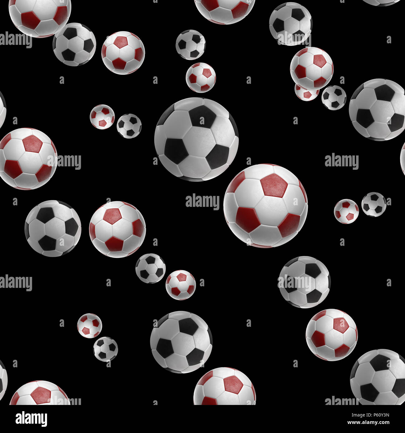 Red calcio-sfere isolati su sfondo nero seamless pattern 3d'illustrazione. Foto Stock