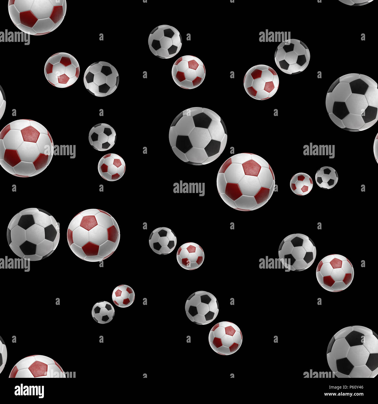Red calcio-sfere isolati su sfondo nero seamless pattern 3d'illustrazione. Foto Stock
