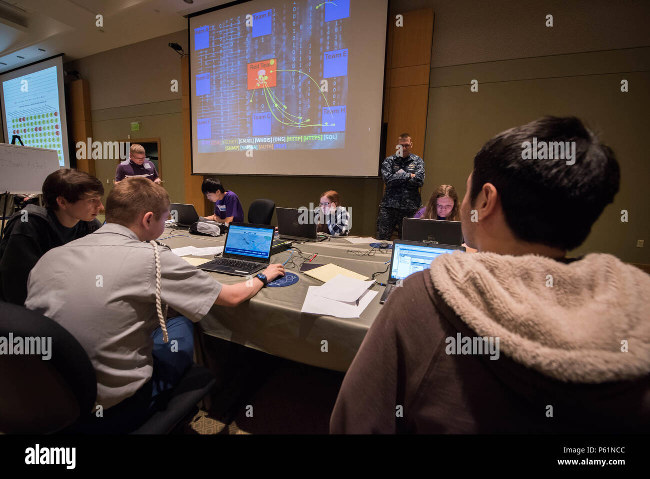 160409-N-GB257-002 CHARLESTON; S.C. (09APR16) un team da Stratford di alta scuola in Goose Creek protegge la rete da Red Team hacker durante il quarto anno di Palmetto Cyber Defense concorrenza (PCDC), detenute aprile 9-11 a Trident Technical College di North Charleston, Carolina del Sud. Il concorso, che contribuisce ad attirare e a far crescere il nostro futuro cyber manodopera, è stato ospitato da spazio e guerra navale Systems Center (CSD) dell'Atlantico in collaborazione con la Carolina del Sud Lowcountry Capitolo di AFCEA. (U.S. Navy foto di Joe Bullinger/rilasciato) Foto Stock