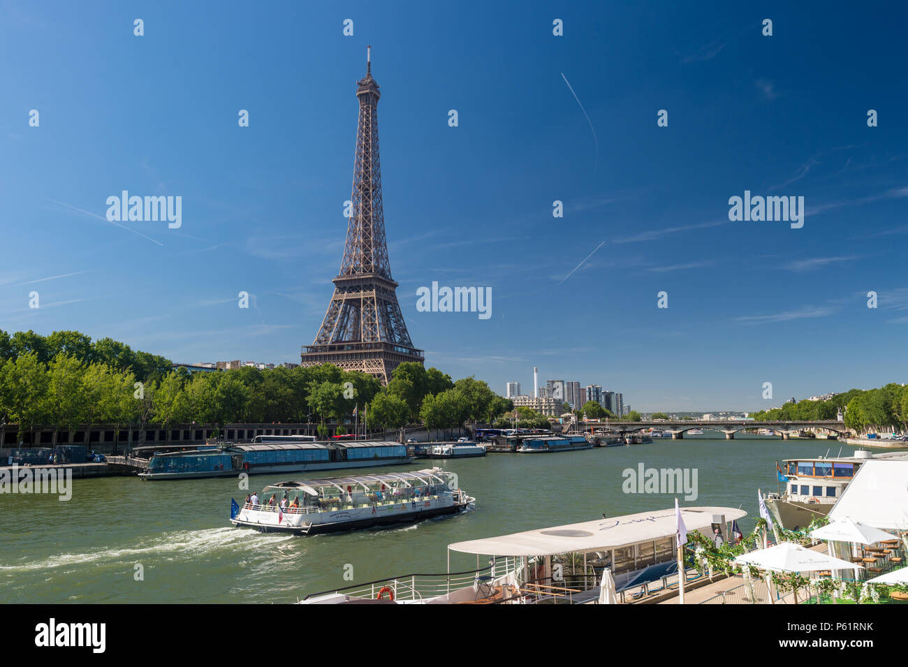Parigi, Francia - 23 Giugno 2018: bateau mouche sulla Senna con la Torre Eiffel sullo sfondo Foto Stock