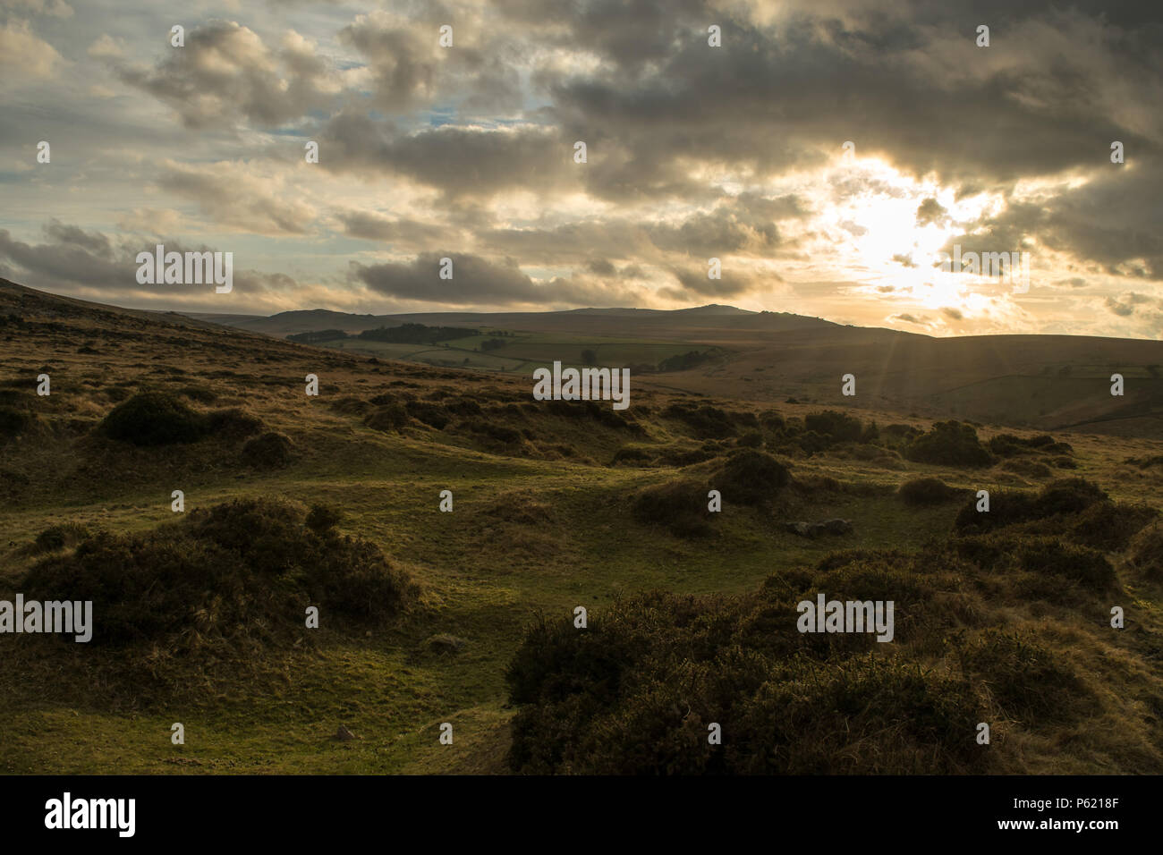 Una burrasca, moody tardo inverno sera su Dartmoor Foto Stock