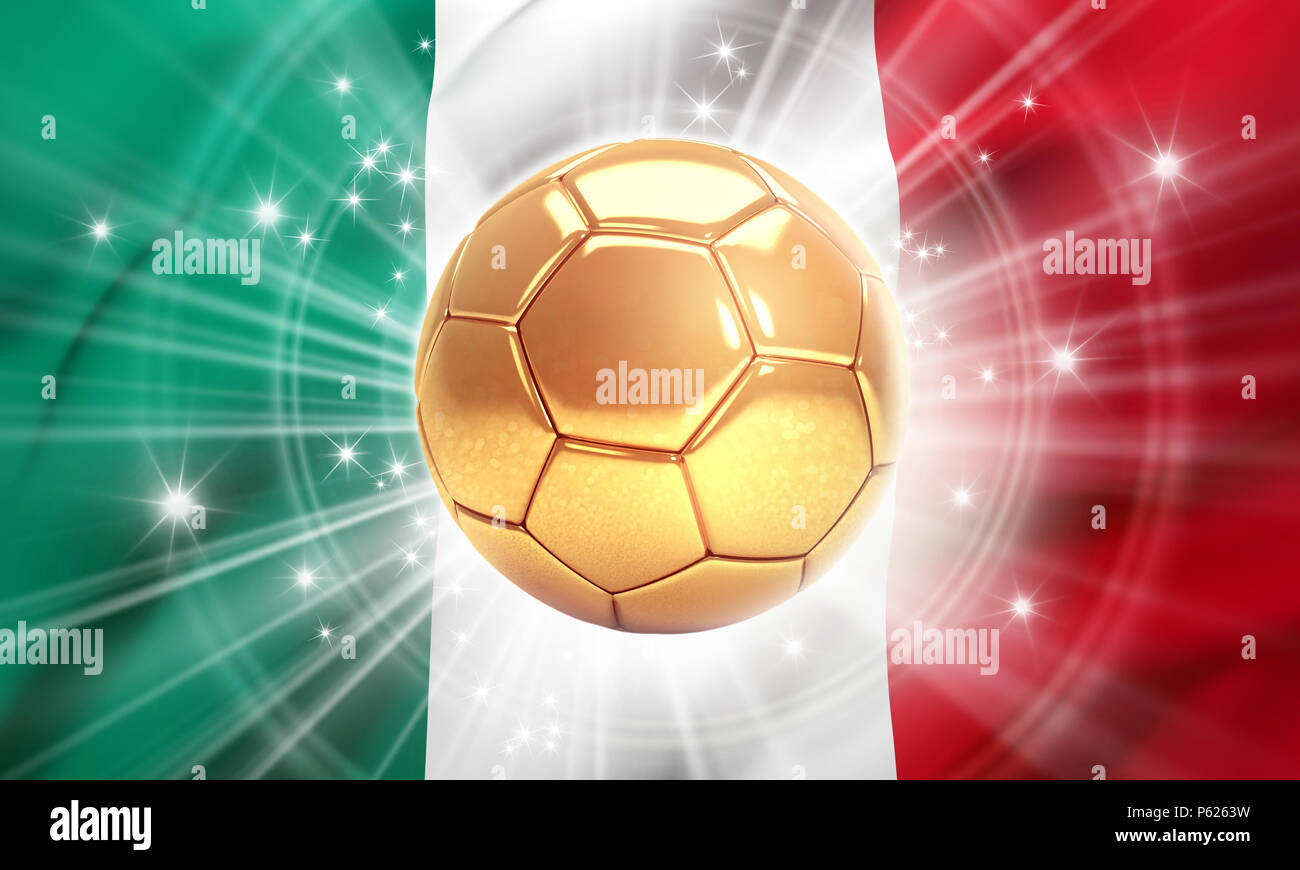 Oro Pallone da calcio illuminati con stelle su una bandiera del Messico. Campione del mondo. 3D illustrazione Foto Stock