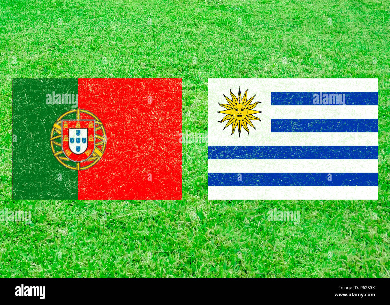 Il Portogallo versus Uruguay icona flag su sfondo di erba Foto Stock
