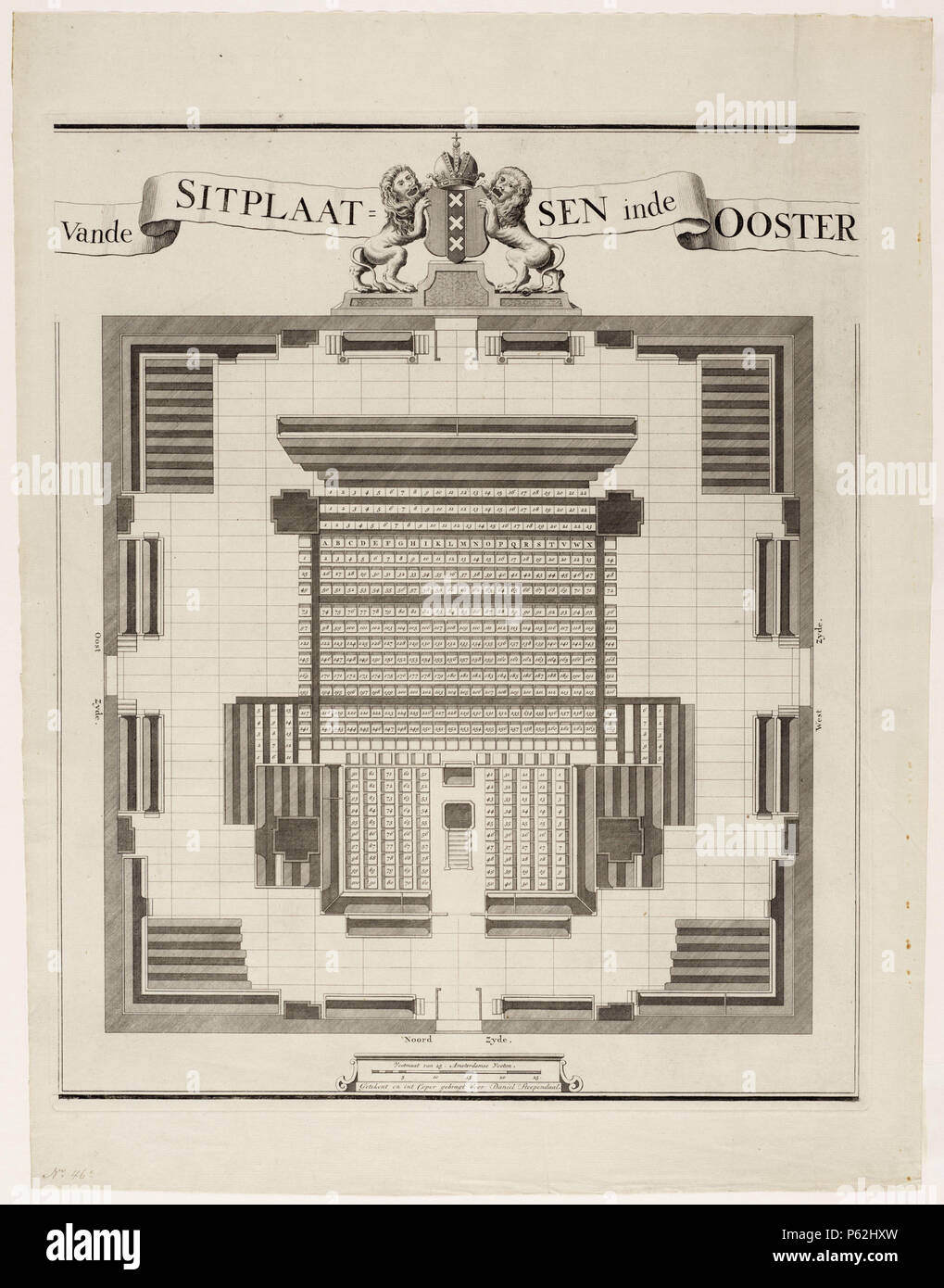 N/A. Nederlands: Beschrijving Vande Sitplaatsen in de Ooster Plattegrond van zitplaatsen in de Oosterkerk, Wittenburgergracht 25. Iniziare en eind van het bovenschrift en de flankerende afbeeldingen van de kerk van buiten en van binnen zijn op aparte bladen gedrukt en ontbreken hier. Zie daarvoor o.a. afb.nr. 010094002863 en 010094002864 Documenttype prent Vervaardiger Stopendaal, Daniël Collectie Collectie Atlas Splitgerber Datering 1700 ca. Geografische naam Wittenburgergracht Gebouw Oosterkerk Inventarissen http://archief.amsterdam/archief/10001 Afbeeldingsbestand 010001000882 . circa 1700. D Foto Stock