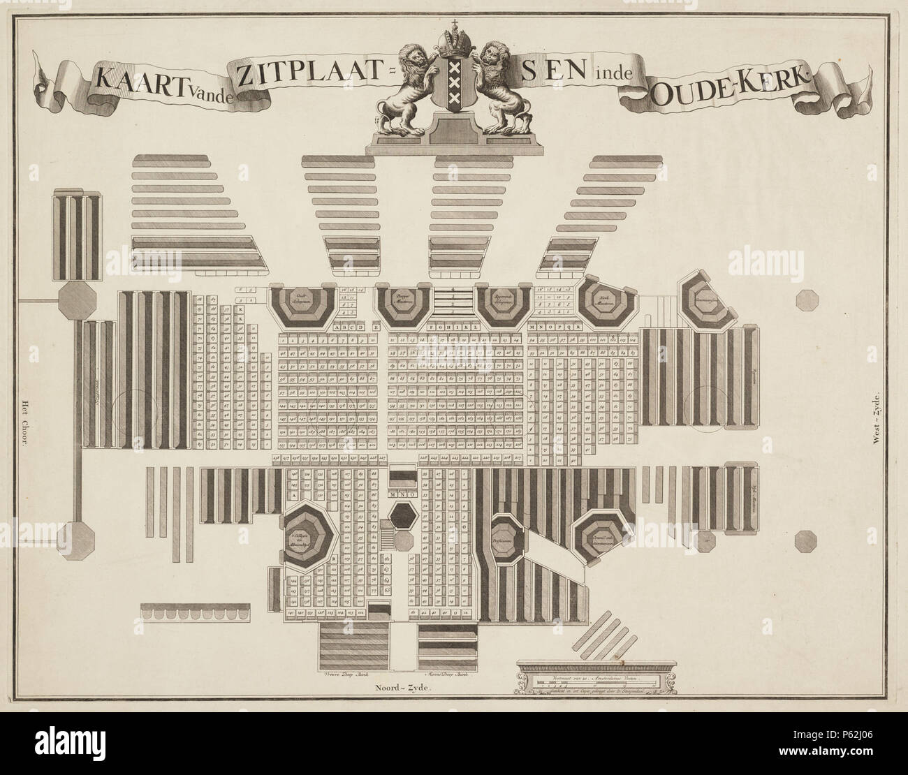 N/A. Nederlands: Beschrijving Kaart vande Zitplaatsen inde Oude-Kerk Oude Kerk, plattegrond incontrato weergave van de pijlers van het Schip en de situatie van de zitplaatsen in de kerkruimte incontrato ingetekende kroonluchters. Middenboven Het Wapen van Amsterdam met de twee leeuwen en daarachter een banderole met het opschrift: 'Kaart vande Zitplaat-sen inde Oude-Kerk'. Rechtsonder een cartiglio met de schaalverdeling Documenttype prent Vervaardiger Stopendaal, Daniël Collectie Collectie Atlas Dreesmann" Datering 1700 ca. Geografische naam Oudekerksplein Inventarissen http://archief.amsterdam/archief/1009 Foto Stock