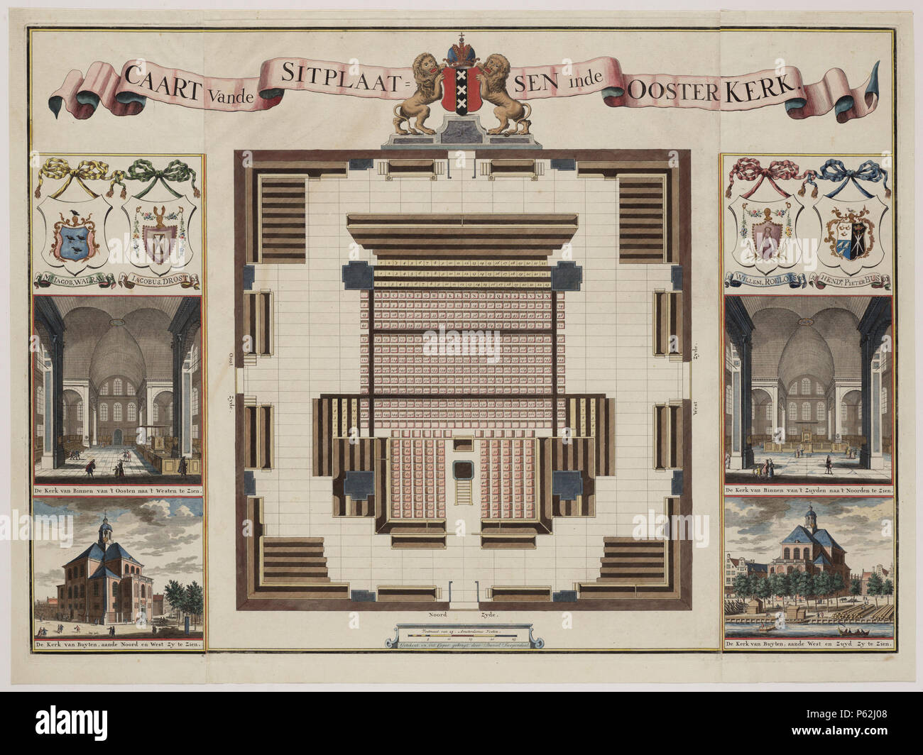 N/A. Nederlands: Beschrijving Caart vande Sitplaatsen inde Ooster Kerk Plattegrond der kerk, met daarin aangegeven de zitplaatsen; links en rechts daarvan 2 afbeeldingen van het interieur en 2 afbeeldingen van het exterieur der kerk waarboven met de mano ingekleurd de wapens van il sig. Jacob Walrave en Jacobus Drost 1795, van Willem Roelofs en Hendk. Pieter Bus 1803. Datering van de prent ca. 1700, de inkleuring ca. 1795-1803. Documenttype prent Vervaardiger Goeree, Jan Stopendaal, Daniël Collectie Collectie Atlas Dreesmann" Datering 1795 ca. t/m 1803 ca. Geografische naam Wittenburgergracht Gebo Foto Stock