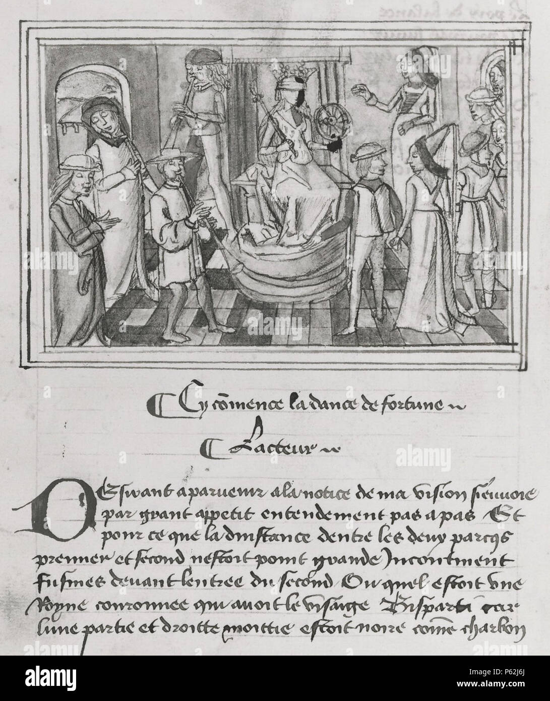 N/A. Inglese: Illustrazione per Michault epico, la danza dei Ciechi (La Danse Des Trois aveugles), che è correlato alla danza di morte. Amore cieco, Fortune ciechi e vedenti morte regola sull'umanità. Fine del XV o inizio del XVI secolo.. L'artista è sconosciuto. 412 Danse-aveugles-fr-1186-F64v-fortune Foto Stock