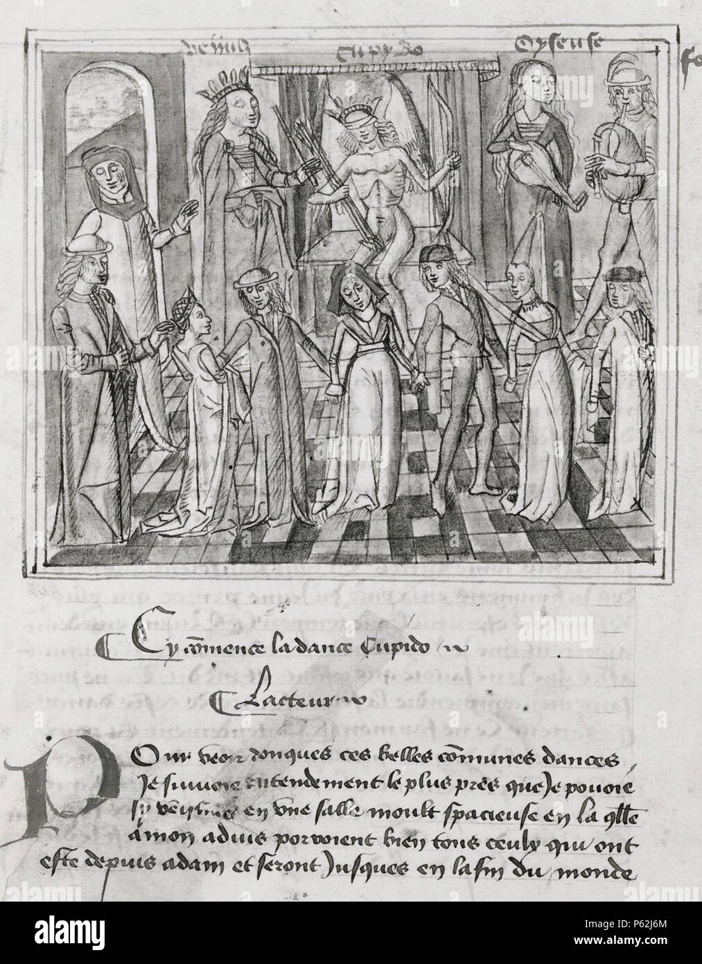 N/A. Inglese: Illustrazione per Michault epico, la danza dei Ciechi (La Danse Des Trois aveugles), che è correlato alla danza di morte. Amore cieco, Fortune ciechi e vedenti morte regola sull'umanità. Fine del XV o inizio del XVI secolo.. L'artista è sconosciuto. 412 Danse-aveugles-fr-1186-F57-amore Foto Stock