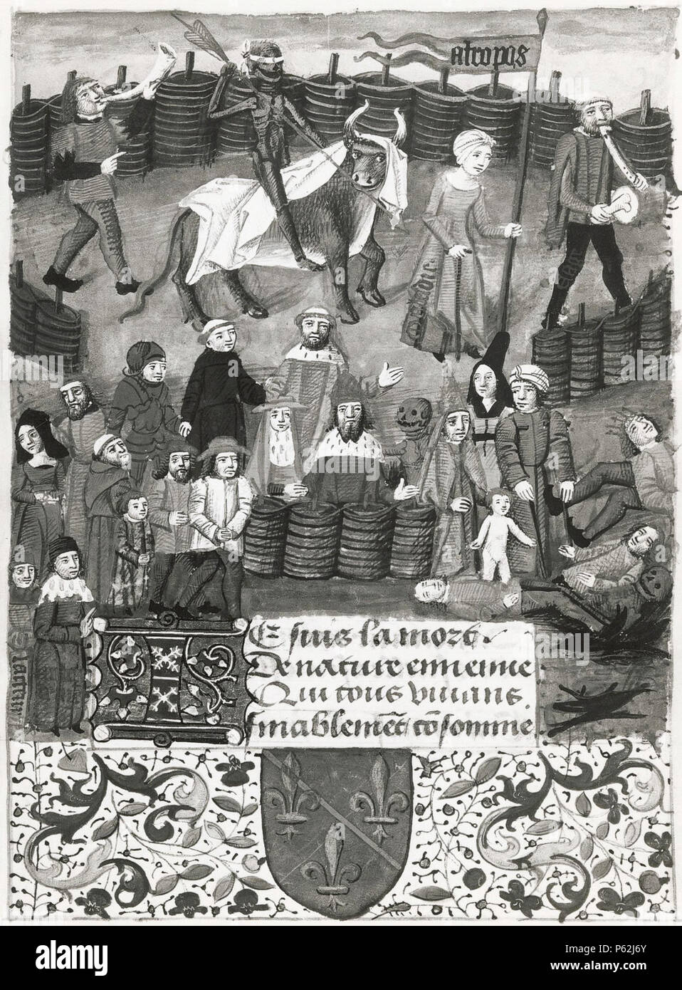 N/A. Inglese: Illustrazione per Michault epico, la danza dei Ciechi (La Danse Des Trois aveugles), che è correlato alla danza di morte. Amore cieco, Fortune ciechi e vedenti morte regola sull'umanità. Fine del XV o inizio del XVI secolo.. L'artista è sconosciuto. 412 Danse-aveugles-fr-1989-F34-morte Foto Stock