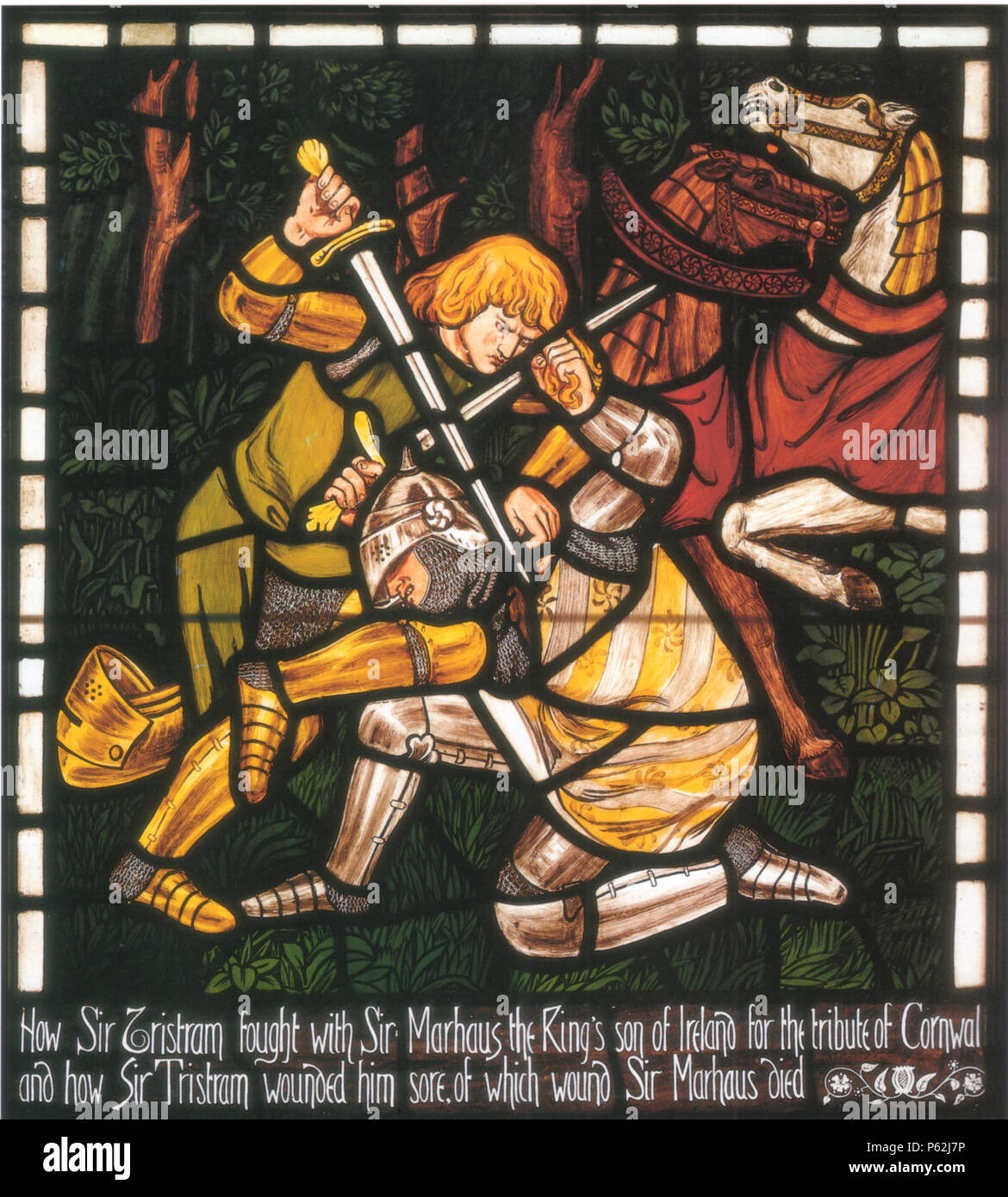 412 Dante Gabriel Rossetti la lotta tra Tristram e Sir Marhaus vetro macchiato Foto Stock