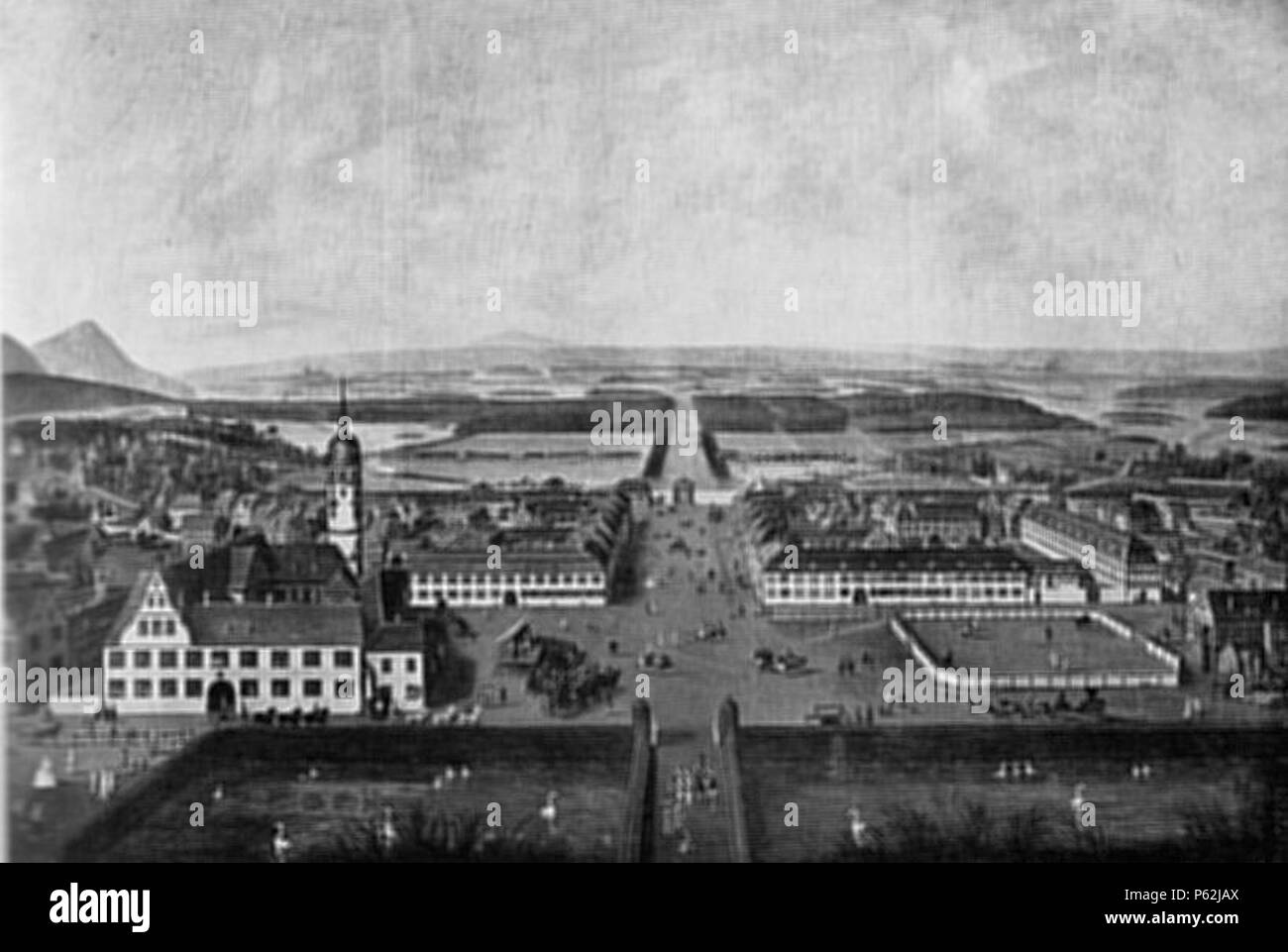 N/A. Deutsch: Darmstadt Ölgemälde von Tobias Sonntag ,1746. Die Nachbarstadt Frankfurts mit dem hier gezeigten Schlossbezirk ist von Goethe oft aufgesucht worden als Wohnsitz der 'Empfindsamen', Caroline Flachslands und vor allem Mercks. 1746. Tobias Sonntag, Ölgemälde von 1746 413 DarmstadtOelgemaeldeVonTobiasSonntag1746 Foto Stock