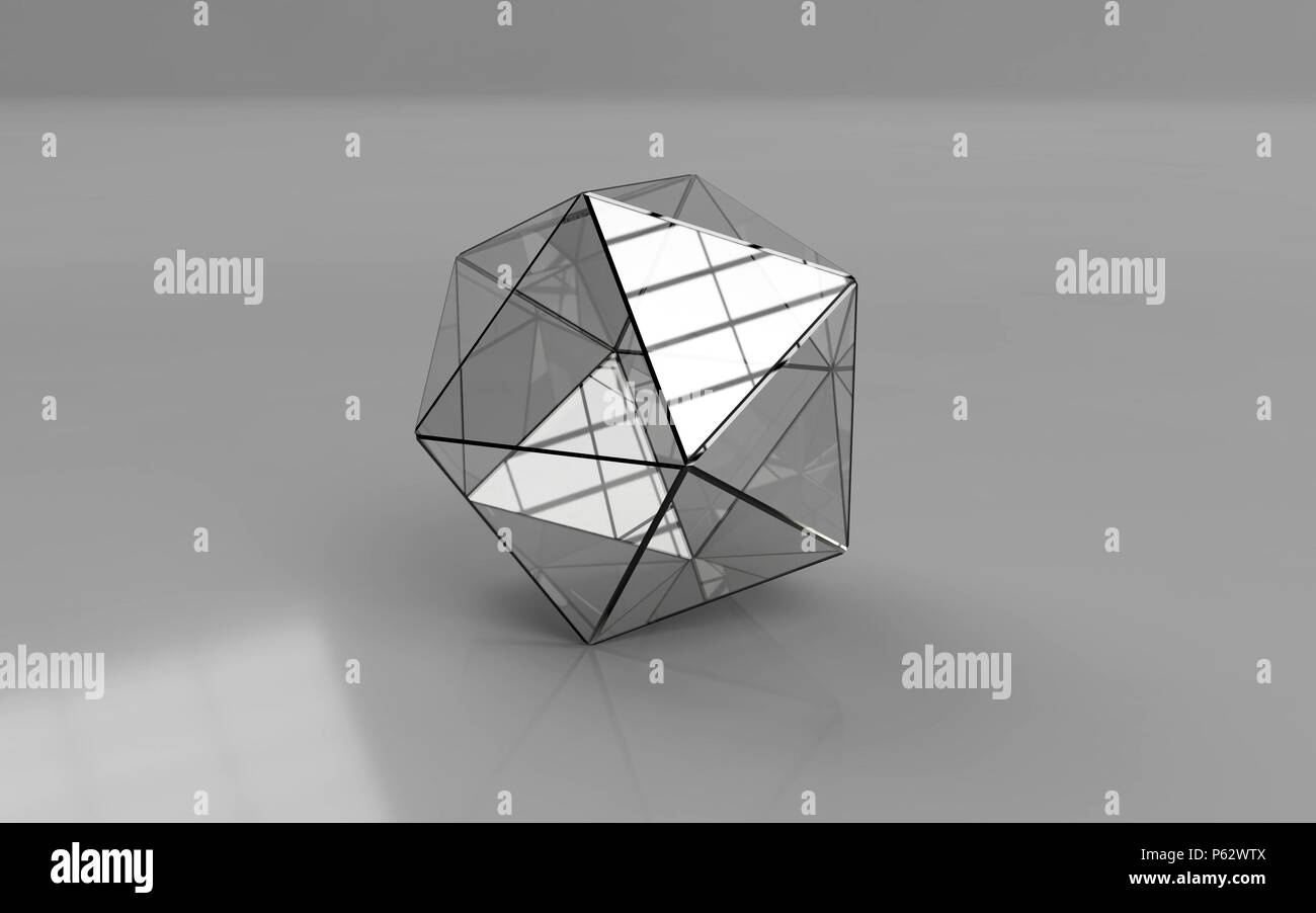 Icosaedro collocati su uno sfondo grigio. Il rendering 3D. Foto Stock