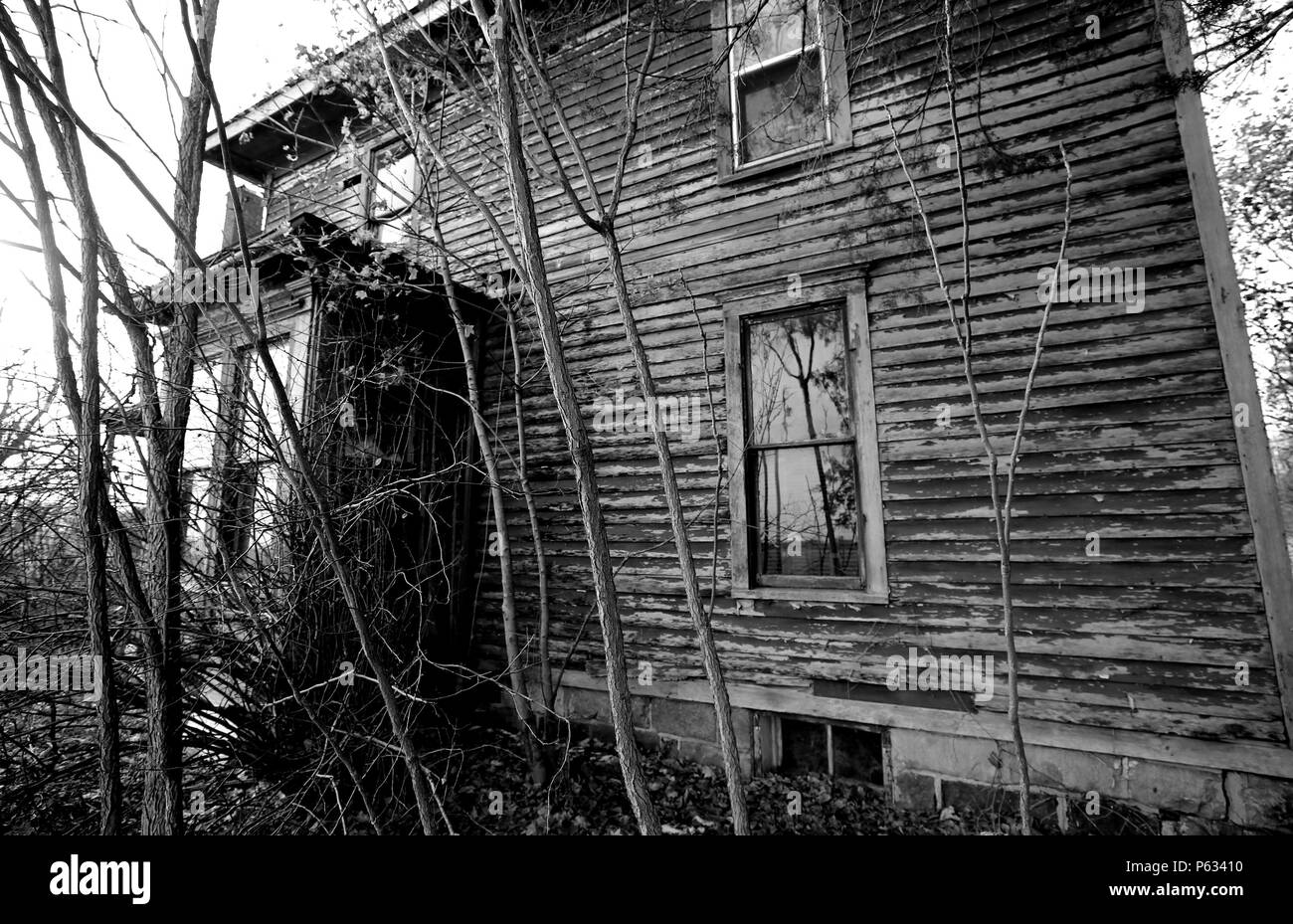 Vecchia fattoria abbandonata casa in Lenawee County Michigan. Prese d'inverno. ha è stato conosciuto per essere infestato dai fantasmi. Foto Stock