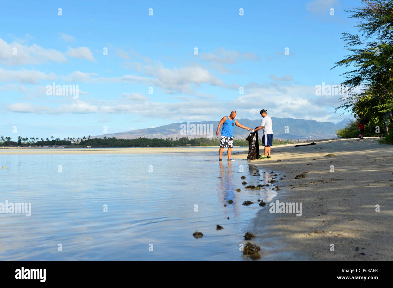 160416-N-UI636-067 PEARL HARBOR (16 aprile 2016) volontari rimuovere il cestino lungo il litorale durante una spiaggia pulita fino evento alla base comune perla Harbor-Hickam "Dog Beach". Durante l'evento, volontari focalizzata sulla cancellazione cestino rifiuti verdi e invasivo della specie di pianta da riva. (U.S. Foto di Marina di Massa lo specialista di comunicazione 2a classe Johans Chavarro/rilasciato) Foto Stock