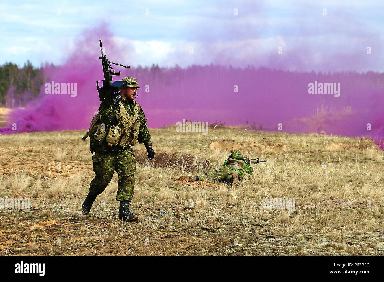 Un Canadese limiti alle spalle di occultamento di fumo durante il live-fire porzione di rompere il contatto e la trincea esercizio di clearing, 19 aprile a Adazi Base Militare, Lettonia. Il lettone e soldati degli Stati Uniti hanno partecipato anche l'esercizio come una parte dell'estate scudo XIII, a due-la settimana di esercizio di interoperabilità. I soldati assegnati alla sede centrale e sede di truppe, 3° Stormo, 2° reggimento di cavalleria nella regione di funzionamento di supporto Atlantic risolvere uniti alleati dalla Lettonia, Canada, Lituania e nella Repubblica federale di Germania per la formazione annuale evento. (U.S. Esercito foto di Sgt. Paige Behringer, decimo premere Camp Headqu Foto Stock