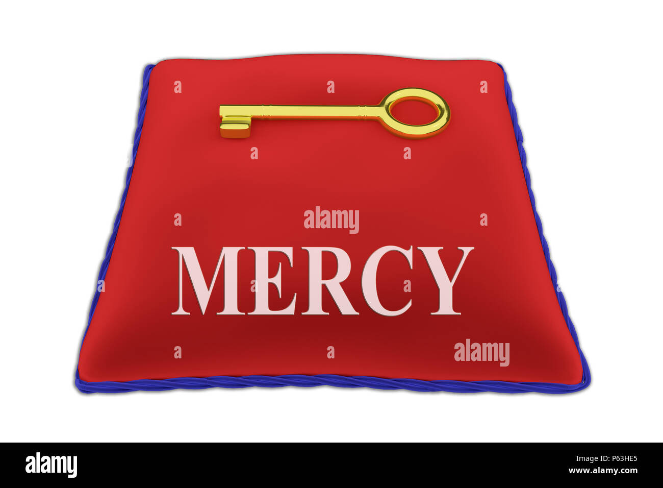 3D illustrazione della misericordia titolo sul velluto rosso cuscino vicino a golden key, isolato su bianco. Foto Stock
