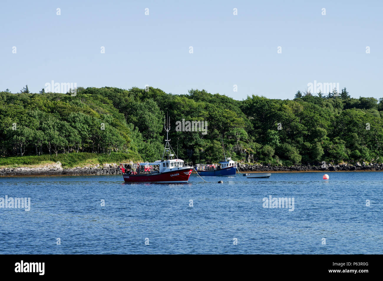 Coloratissime barche di pescatori ormeggiate sulle rive dell' Ulva island - Ebridi Interne, Scozia Foto Stock