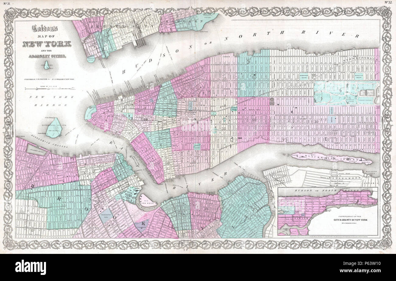 1863 Colton Mappa della città di New York (Manhattan Hoboken, Brooklyn) - Geographicus - NewYork-colton-1863. Foto Stock